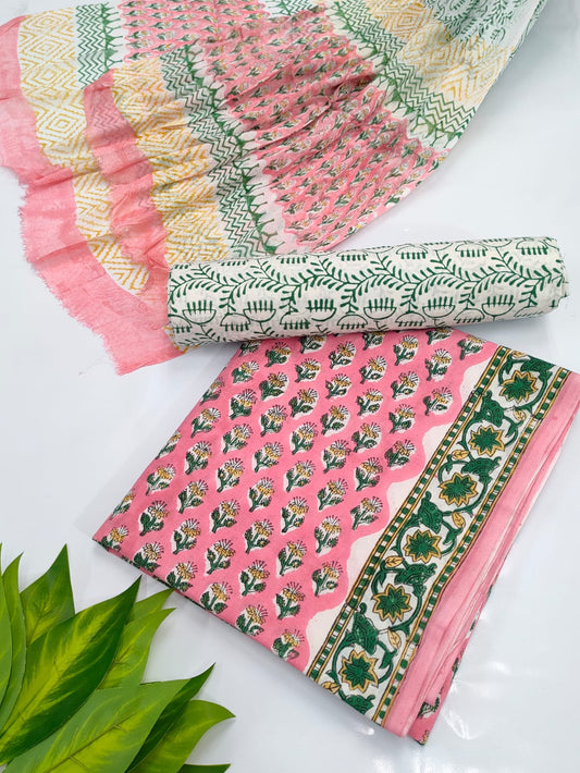 Hand Block Cotton Salwar Suit Set with Chiffon Dupatta  - TSPSCHVV11