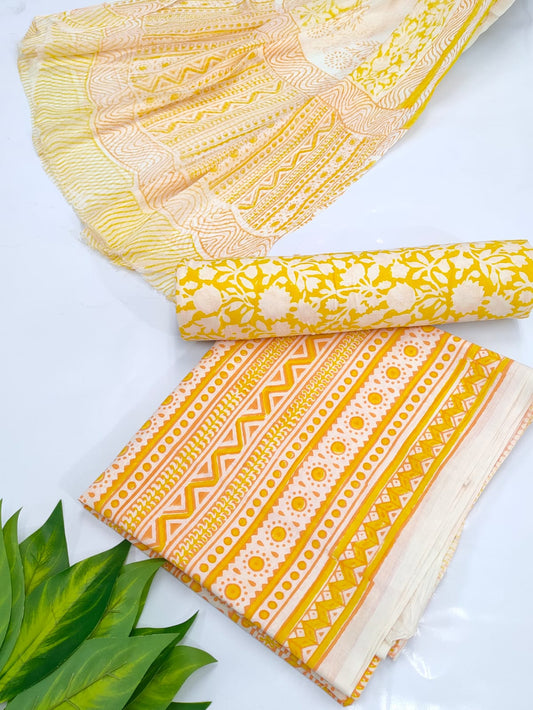 Hand Block Cotton Salwar Suit Set with Chiffon Dupatta  - TSPSCHVV12