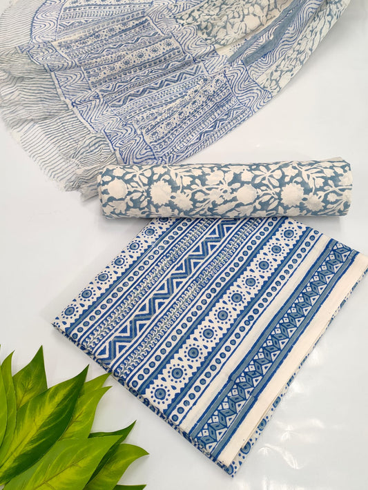 Hand Block Cotton Salwar Suit Set with Chiffon Dupatta  - TSPSCHVV14