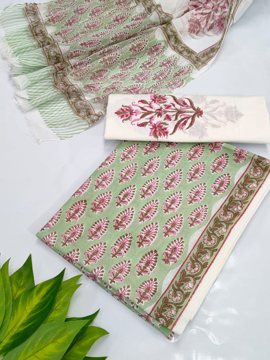 Hand Block Cotton Salwar Suit Set with Chiffon Dupatta  - TSPSCHVV15