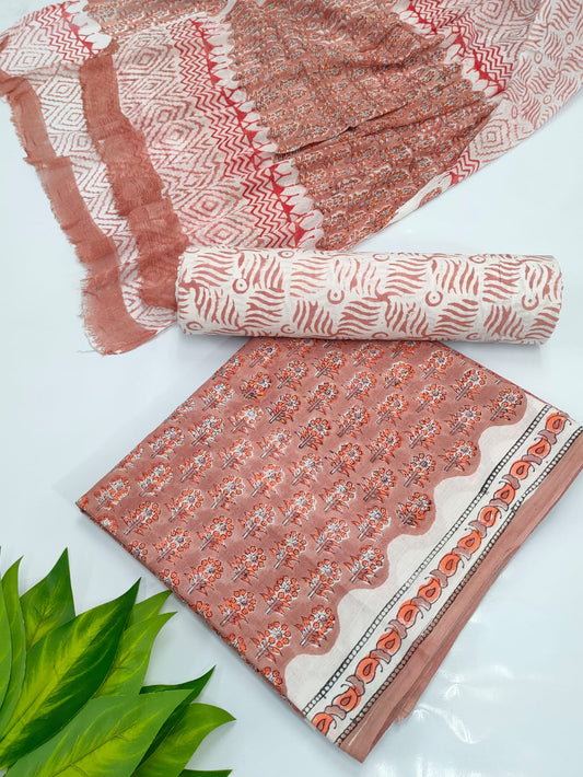 Hand Block Cotton Salwar Suit Set with Chiffon Dupatta  - TSPSCHVV19