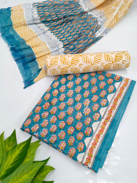 Hand Block Cotton Salwar Suit Set with Chiffon Dupatta  - TSPSCHVV1