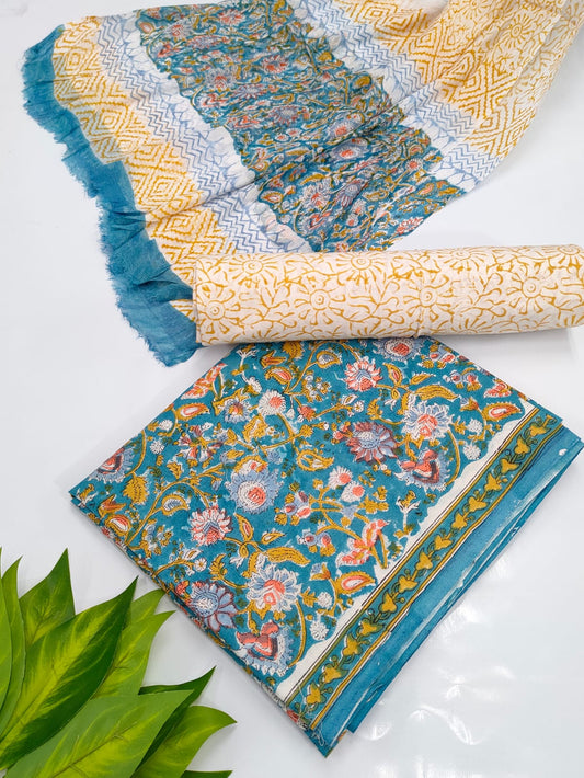 Hand Block Cotton Salwar Suit Set with Chiffon Dupatta  - TSPSCHVV20