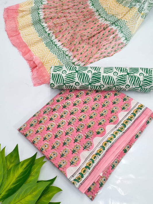 Hand Block Cotton Salwar Suit Set with Chiffon Dupatta  - TSPSCHVV21