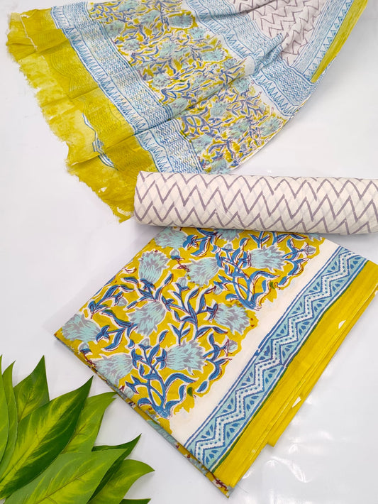Hand Block Cotton Salwar Suit Set with Chiffon Dupatta  - TSPSCHVV25