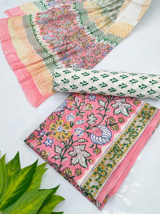 Hand Block Cotton Salwar Suit Set with Chiffon Dupatta  - TSPSCHVV28