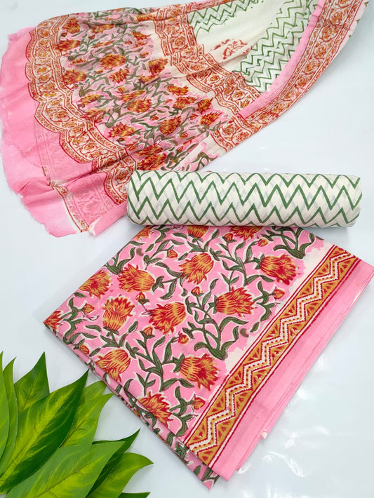Hand Block Cotton Salwar Suit Set with Chiffon Dupatta  - TSPSCHVV30