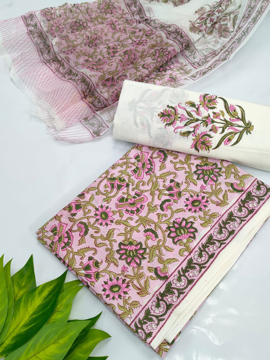 Hand Block Cotton Salwar Suit Set with Chiffon Dupatta  - TSPSCHVV32