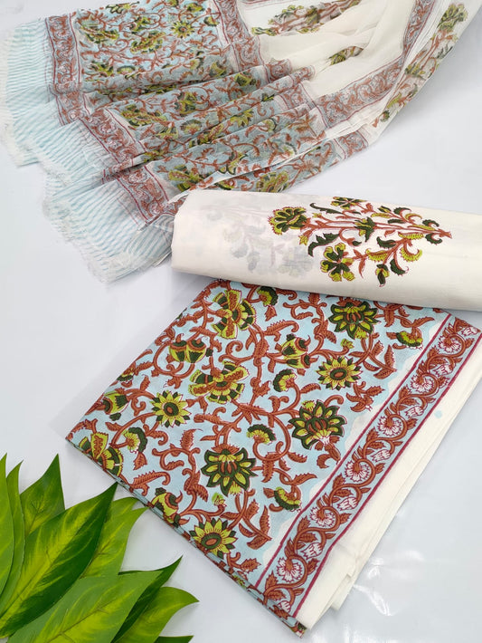 Hand Block Cotton Salwar Suit Set with Chiffon Dupatta  - TSPSCHVV34