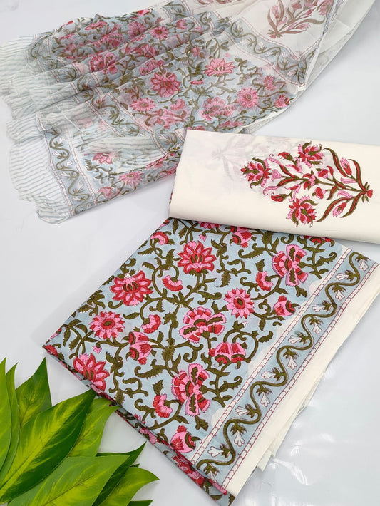 Hand Block Cotton Salwar Suit Set with Chiffon Dupatta  - TSPSCHVV36