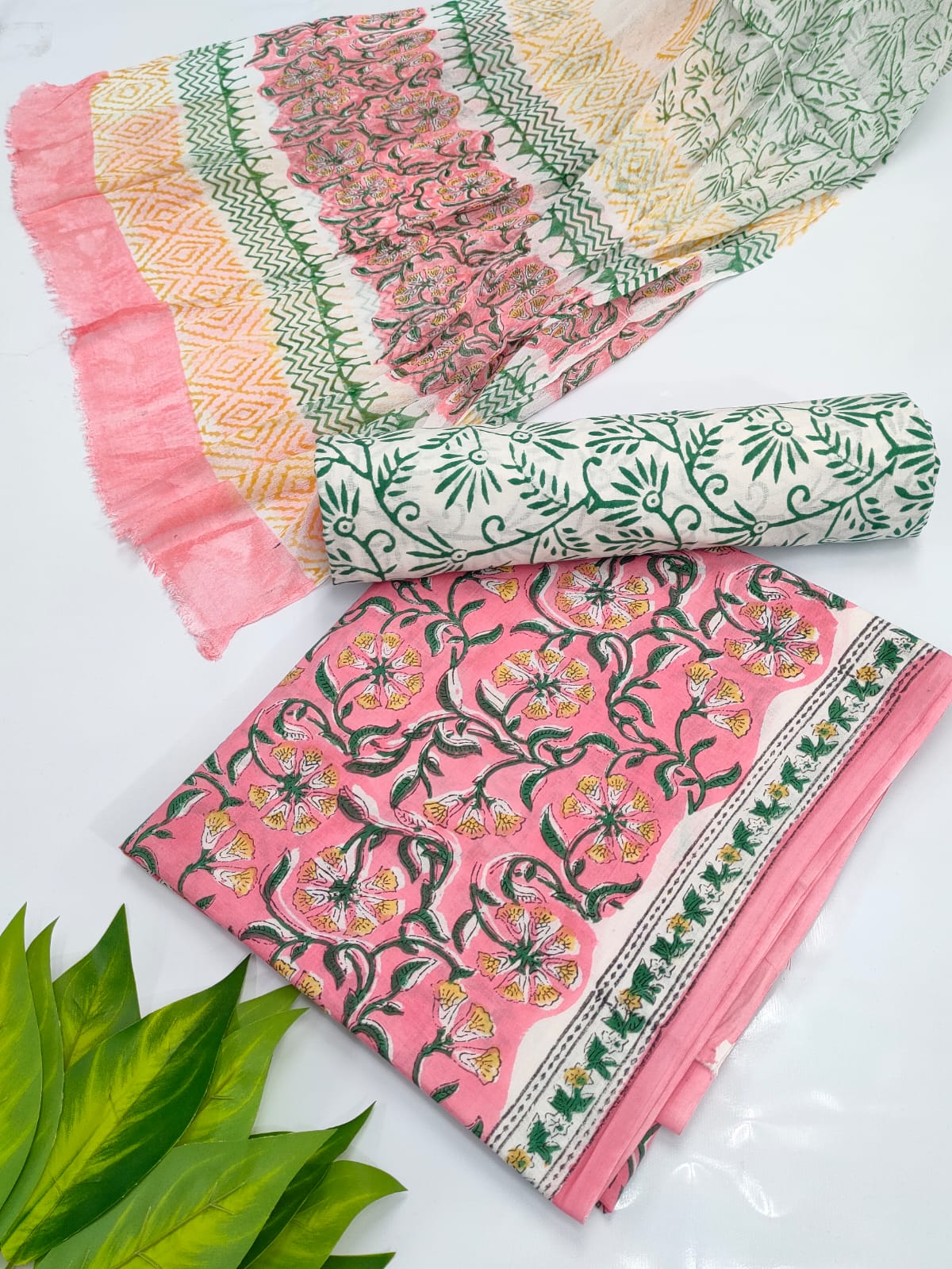 Hand Block Cotton Salwar Suit Set with Chiffon Dupatta  - TSPSCHVV39