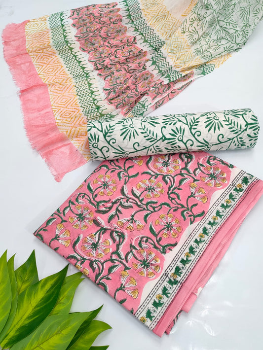 Hand Block Cotton Salwar Suit Set with Chiffon Dupatta  - TSPSCHVV39