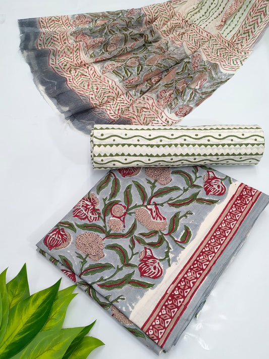 Hand Block Cotton Salwar Suit Set with Chiffon Dupatta  - TSPSCHVV41