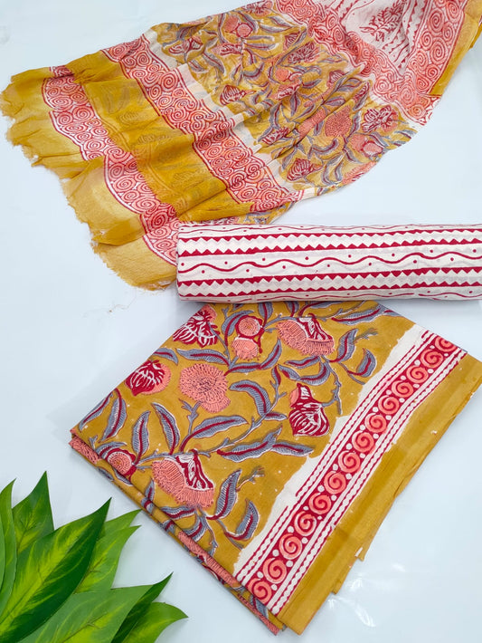 Hand Block Cotton Salwar Suit Set with Chiffon Dupatta  - TSPSCHVV43