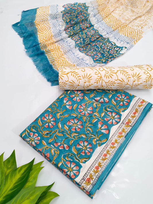 Hand Block Cotton Salwar Suit Set with Chiffon Dupatta  - TSPSCHVV45