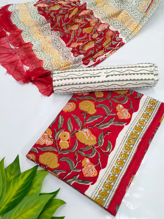 Hand Block Cotton Salwar Suit Set with Chiffon Dupatta  - TSPSCHVV6