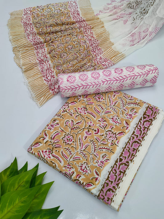 Hand Block Cotton Salwar Suit Set with Chiffon Dupatta  - TSPSCFTP16