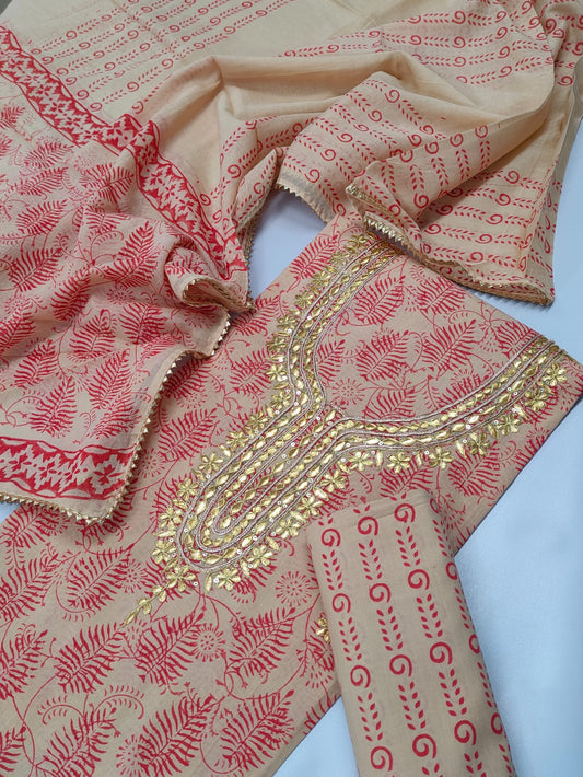 Cotton Gota Patti Neck Work Block Printed Suit Set with Cotton Dupatta - TSPSGPMVJ19