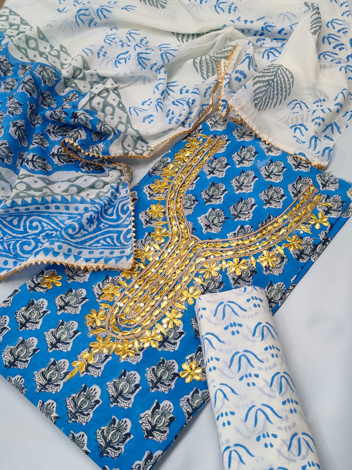 Cotton Gota Patti Neck Work Block Printed Suit Set with Cotton Dupatta - TSPSGPMVJ25