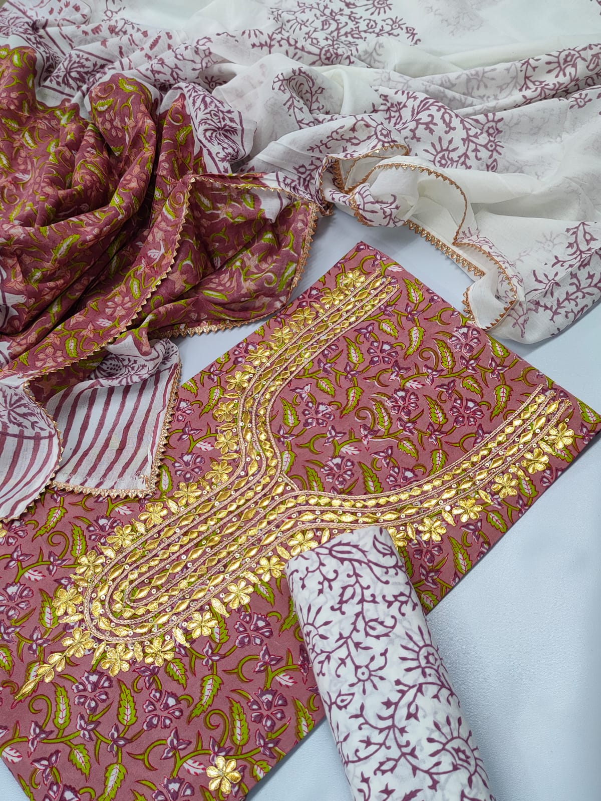 Cotton Gota Patti Neck Work Block Printed Suit Set with Cotton Dupatta - TSPSGPMVJ33
