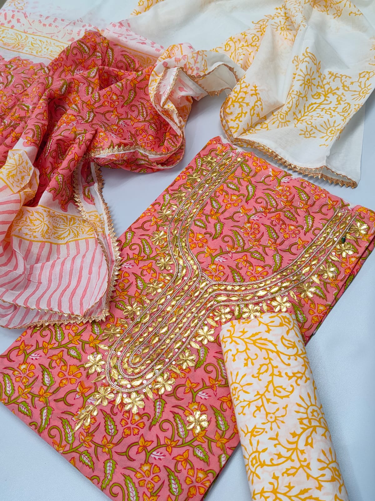 Cotton Gota Patti Neck Work Block Printed Suit Set with Cotton Dupatta - TSPSGPMVJ34