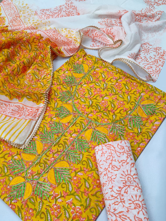 Cotton Gota Patti Neck Work Block Printed Suit Set with Cotton Dupatta - TSPSGPMVJ35