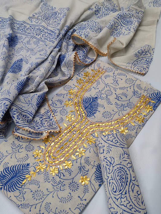 Cotton Gota Patti Neck Work Block Printed Suit Set with Cotton Dupatta - TSPSGPMVJ38
