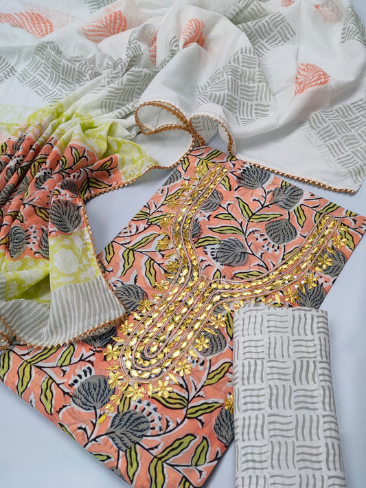 Cotton Gota Patti Neck Work Block Printed Suit Set with Cotton Dupatta - TSPSGPMVJ40