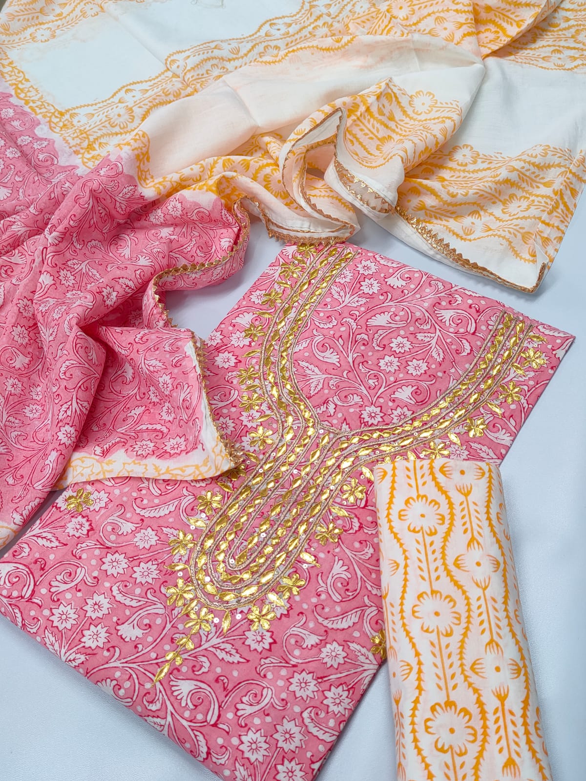 Cotton Gota Patti Neck Work Block Printed Suit Set with Cotton Dupatta - TSPSGPMVJ42