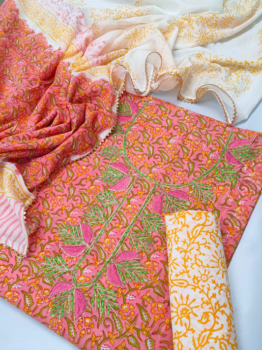 Cotton Gota Patti Neck Work Block Printed Suit Set with Cotton Dupatta - TSPSGPMVJ43