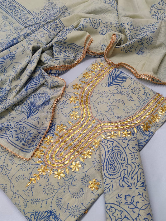 Cotton Gota Patti Neck Work Block Printed Suit Set with Cotton Dupatta - TSPSGPMVJ8