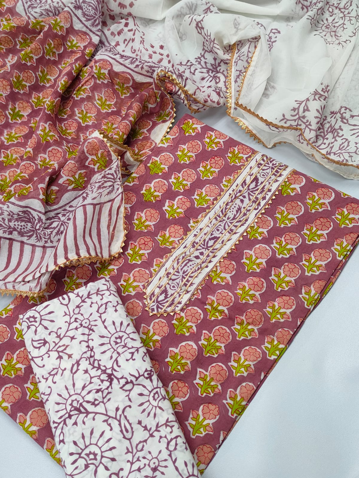 Tie Work Hand Block Suit Set with Cotton Dupatta - TSPSTWCHVJ1