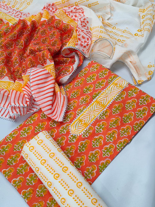 Tie Work Hand Block Suit Set with Cotton Dupatta - TSPSTWCHVJ9