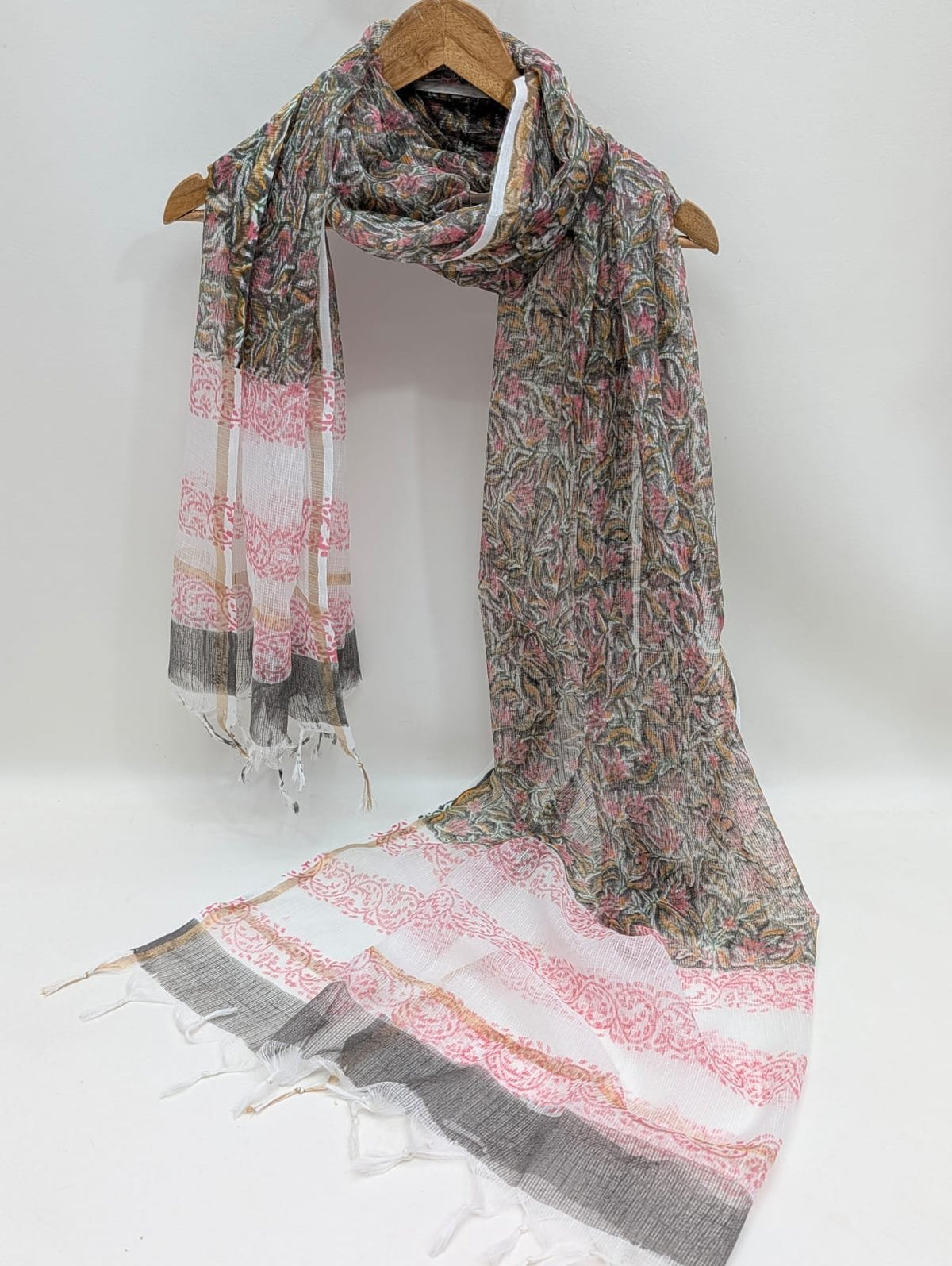 Pink Floral Block Print Kota Doriya Dupatta