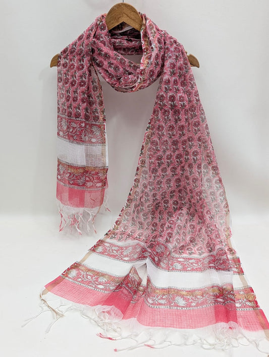 Coral Floral Block Print Kota Doriya Dupatta