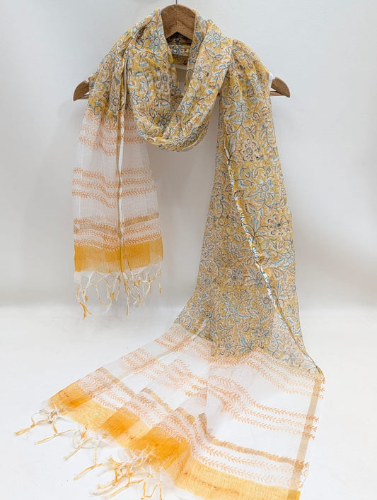 Yellow Floral Block Print Kota Doriya Dupatta