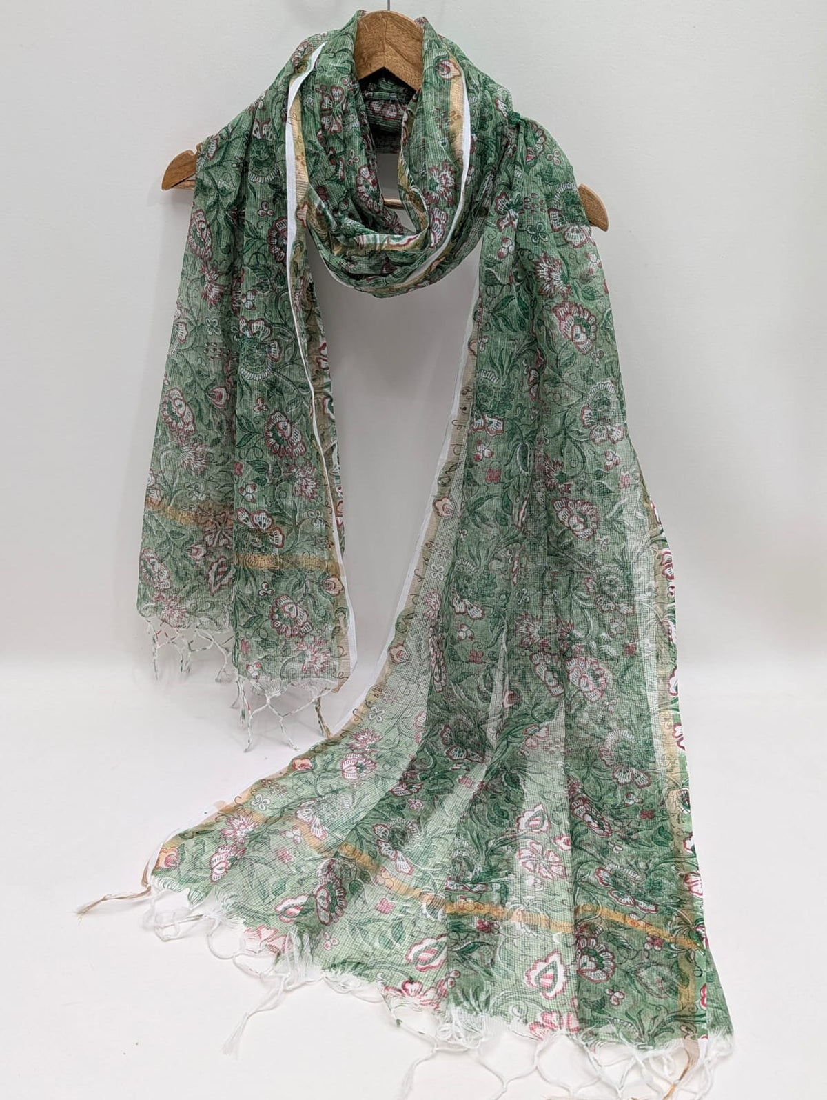 Green Floral Block Print Kota Doriya Dupatta