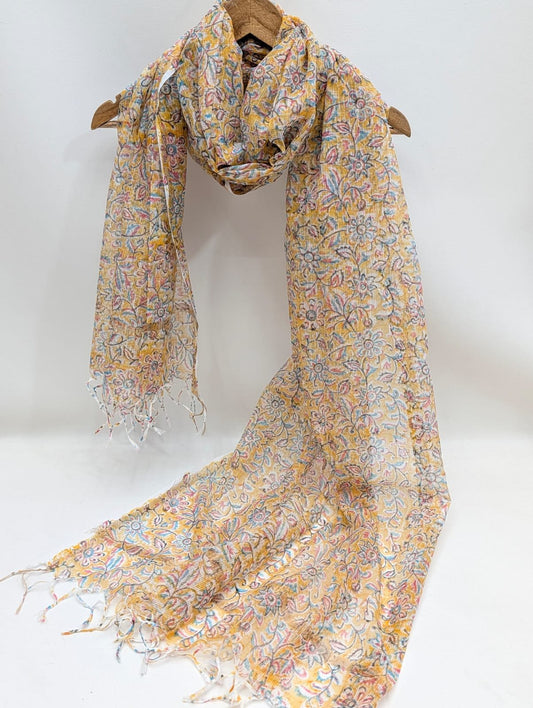 Peach Floral Block Print Kota Doriya Dupatta