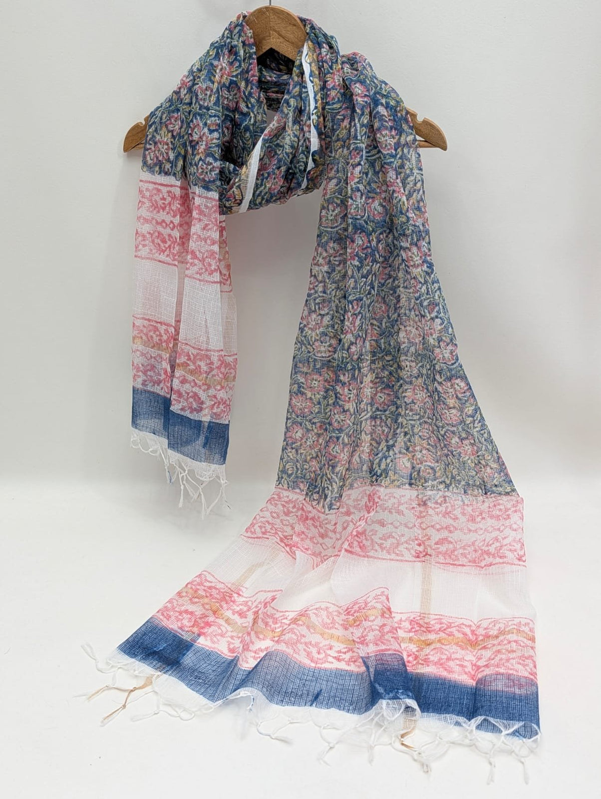 Blue Floral Block Print Kota Doriya Dupatta