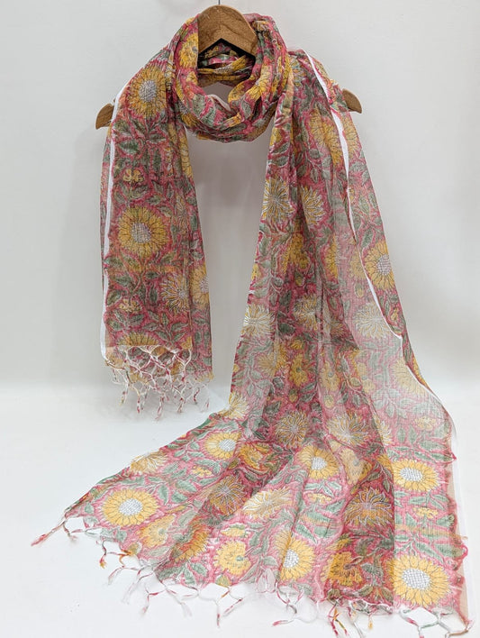 Pink Floral Block Print Kota Doriya Dupatta