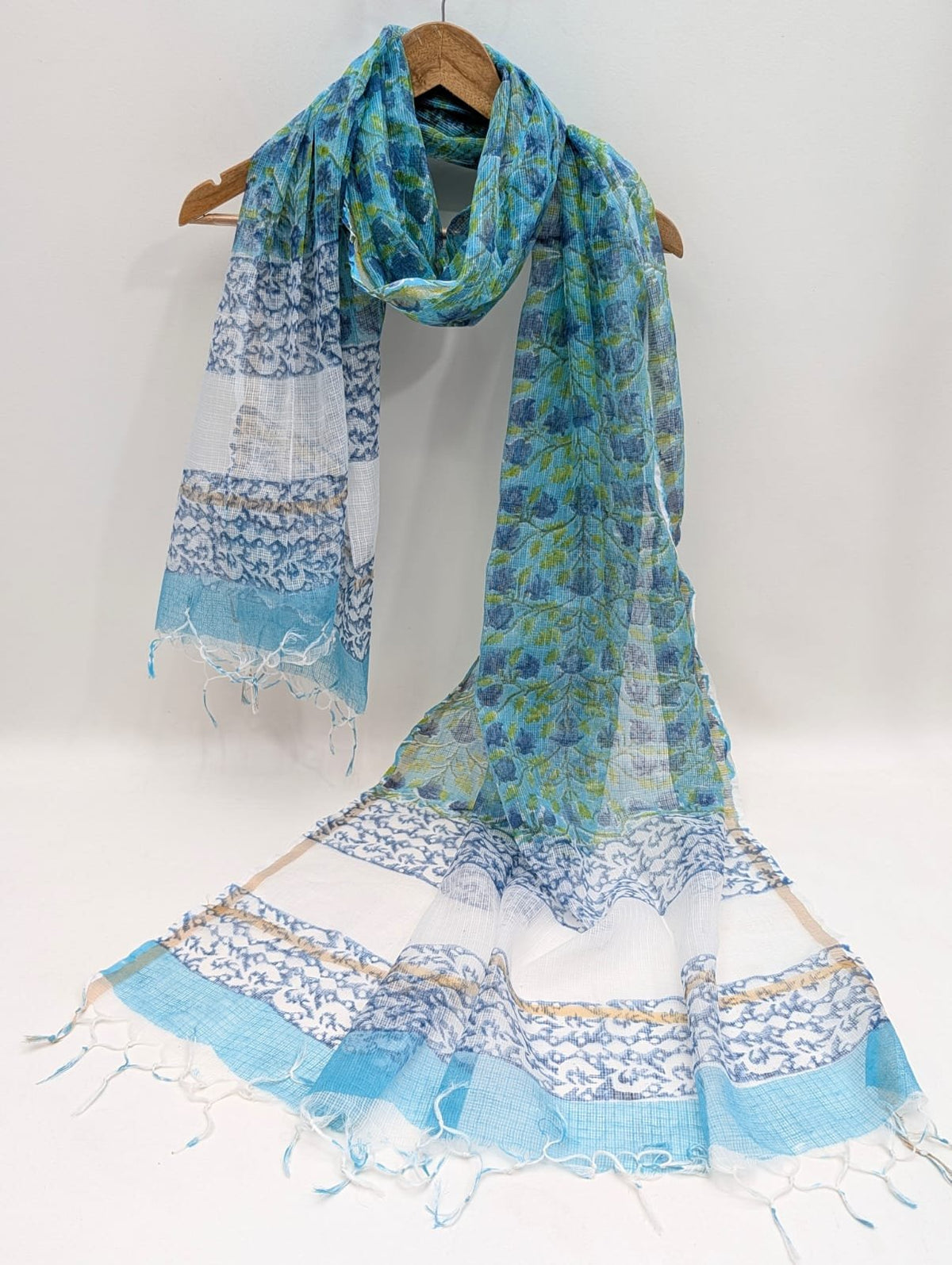 Teal Geometric Block Print Kota Doriya Dupatta