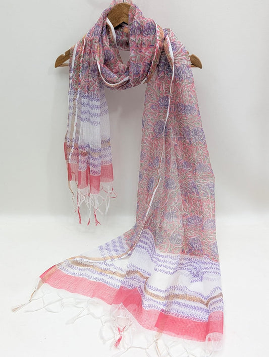 Pink Floral Block Print Kota Doriya Dupatta