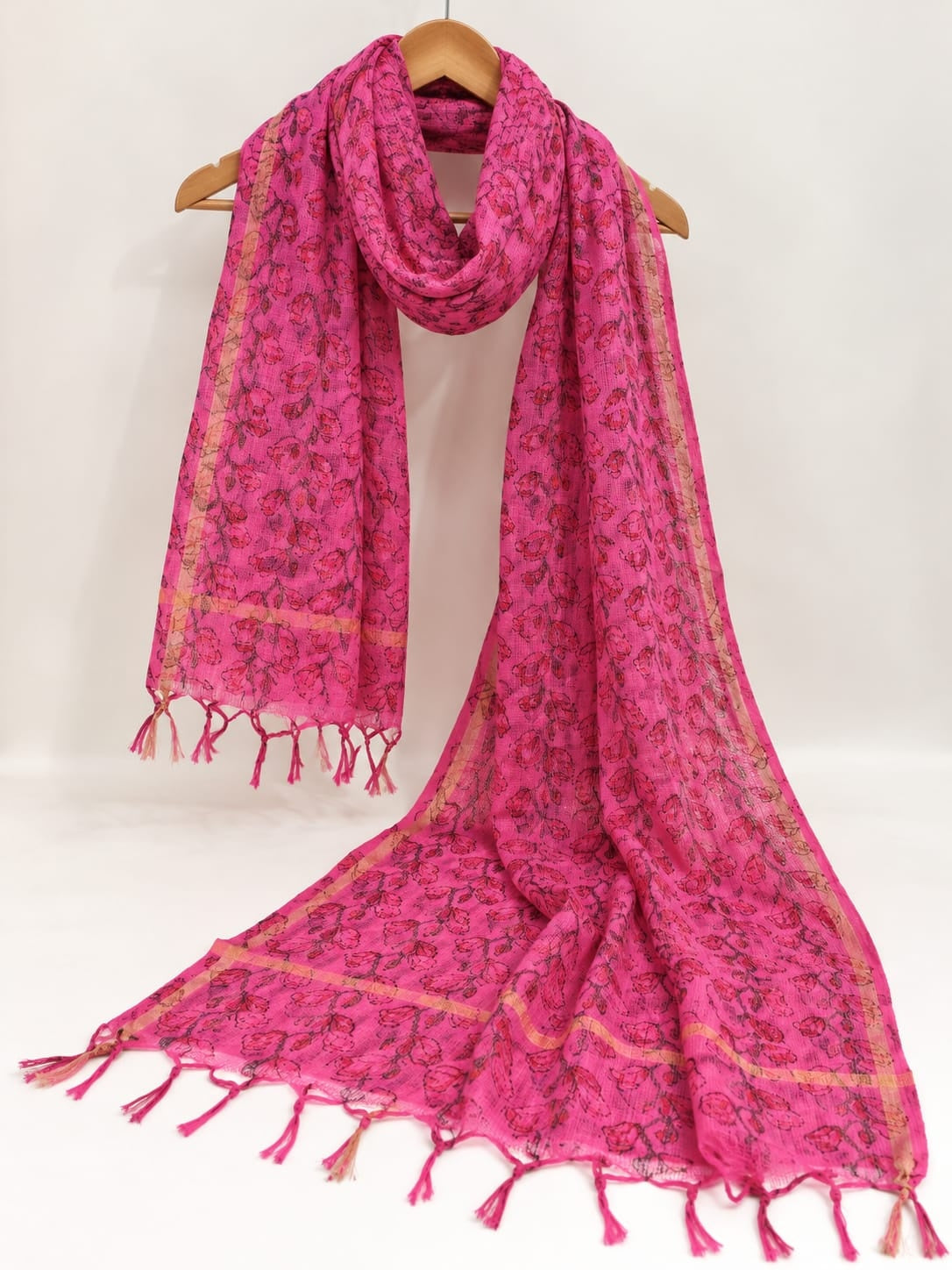 Pink & Gold Floral Booti Block Print Kota Doriya Dupatta