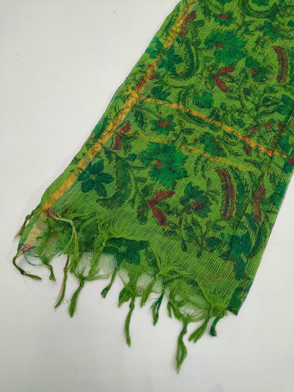 Green & Gold Floral Jaal Hand Block Print Kota Doriya Dupatta Fabric & Border Detail