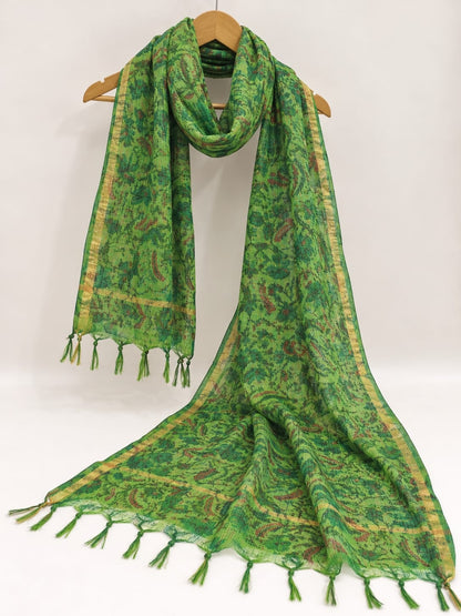 Green & Gold Floral Jaal Block Print Kota Doriya Dupatta