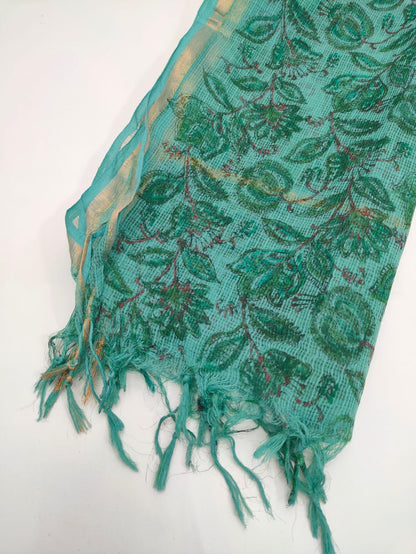 Teal Blue Floral Jaal Hand Block Print Kota Doriya Dupatta Fabric & Border Detail