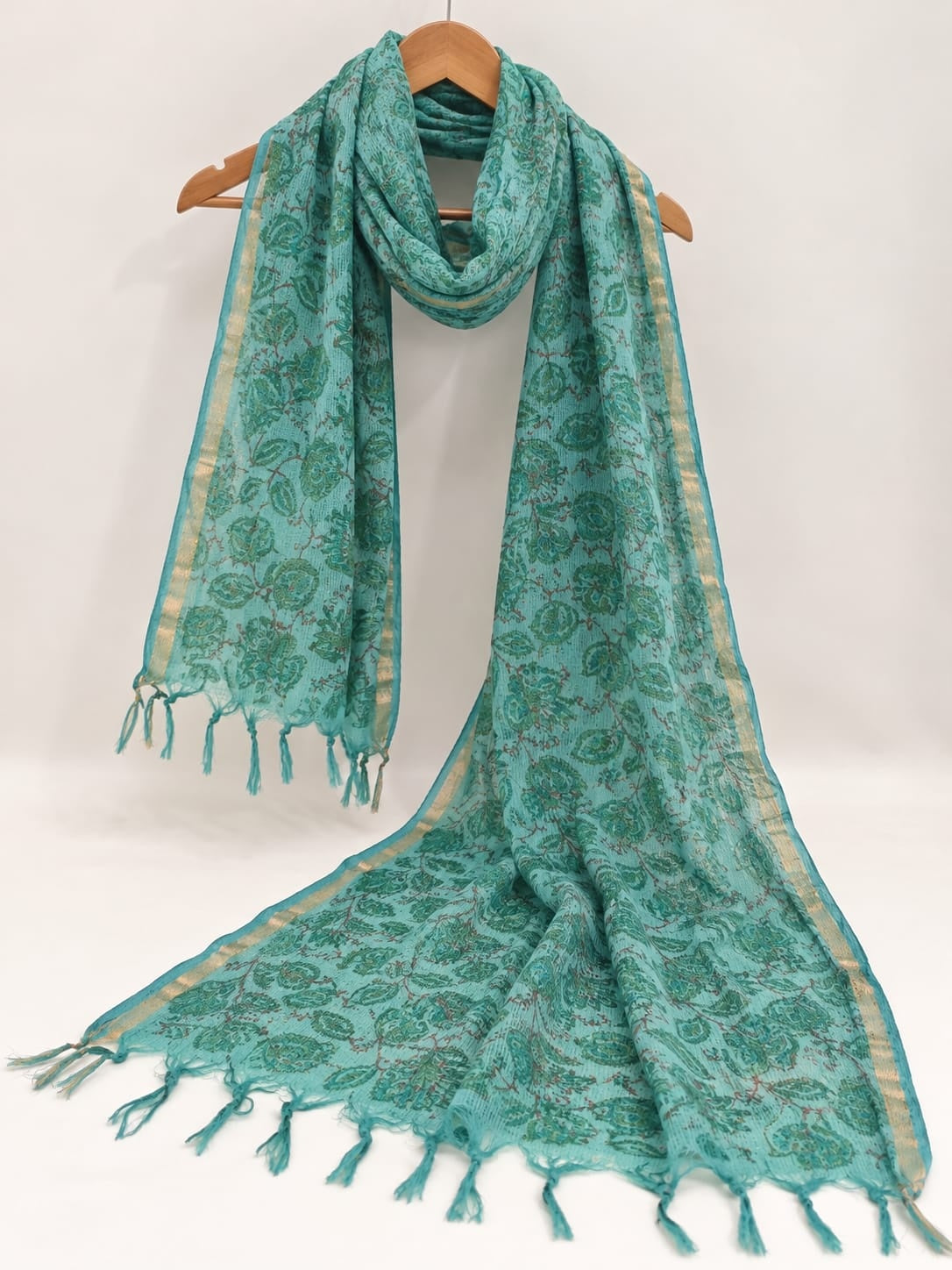 Teal Blue Floral Jaal Block Print Kota Doriya Dupatta