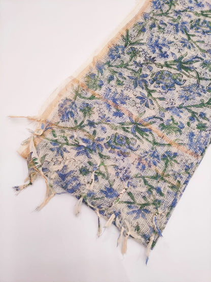 White & Blue Floral Jaal Hand Block Print Kota Doriya Dupatta Fabric & Border Detail