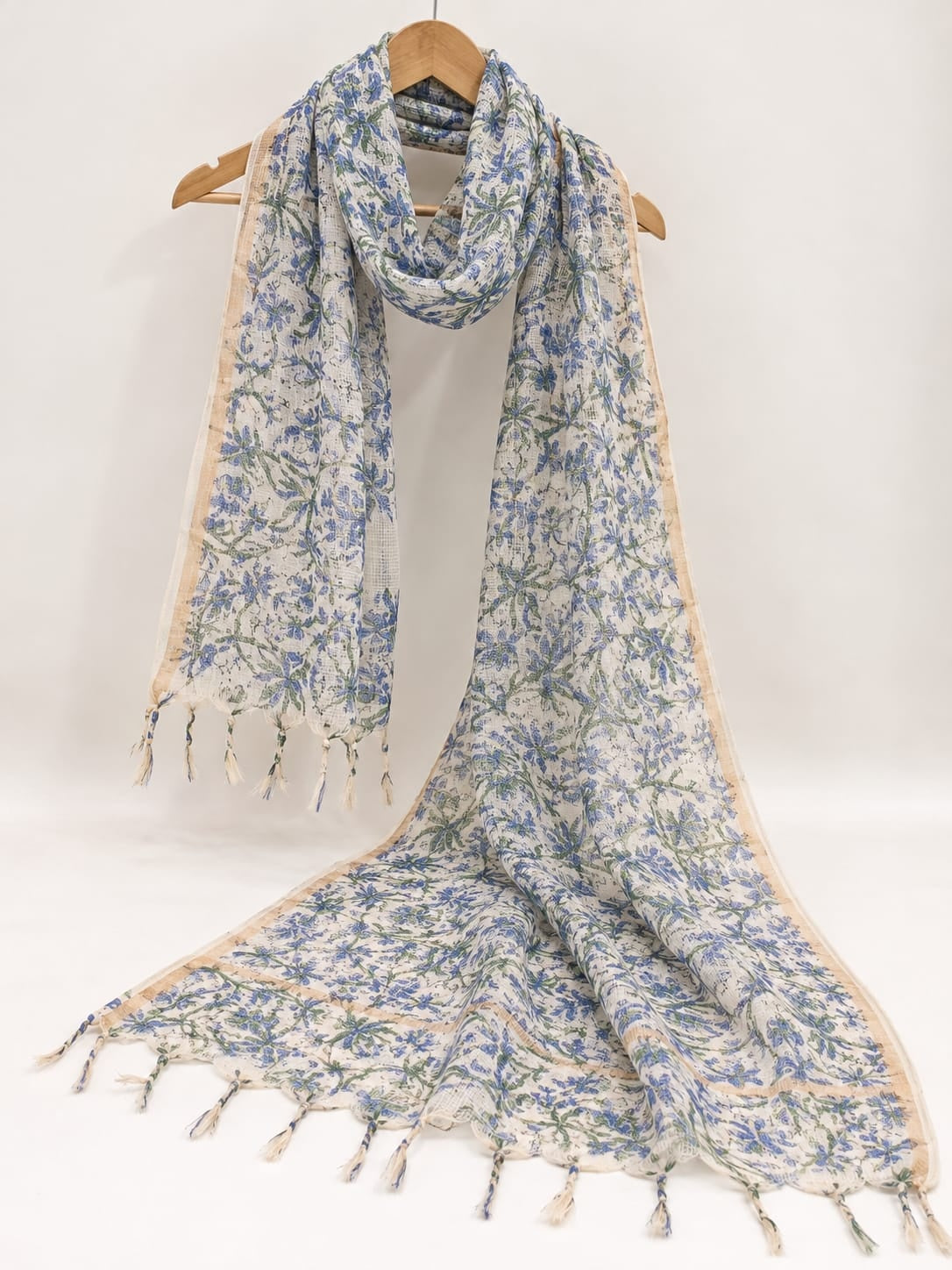 White & Blue Floral Jaal Block Print Kota Doriya Dupatta
