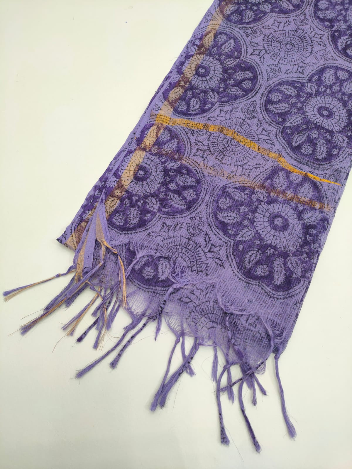 Lavender & Gold Geometric Mandala Hand Block Print Kota Doriya Dupatta Fabric & Border Detail